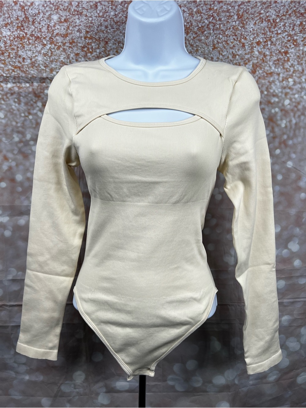 Set of 2 Cream and Black Long-Sleeve Cutout Bodysuits